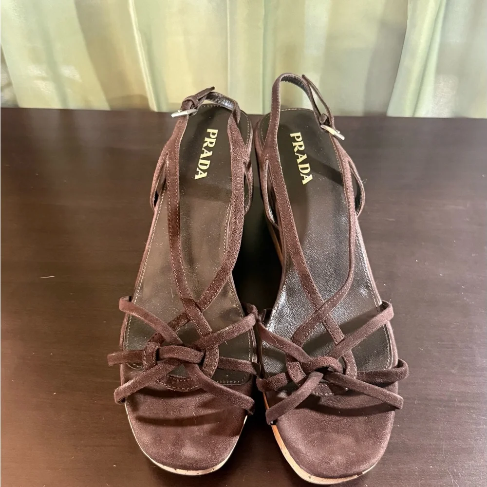 Prada Brown Suede Knot-Front Wedge Sandals - Picture 3 of 4